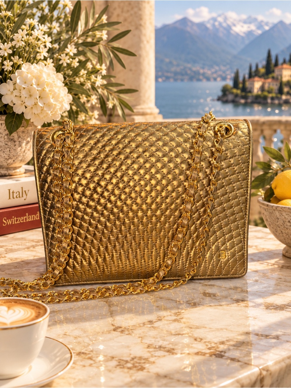 Bally Metallic Gold Lambskin 2-Way Quilted Chain Shoulder Crossbody Vintage Bag